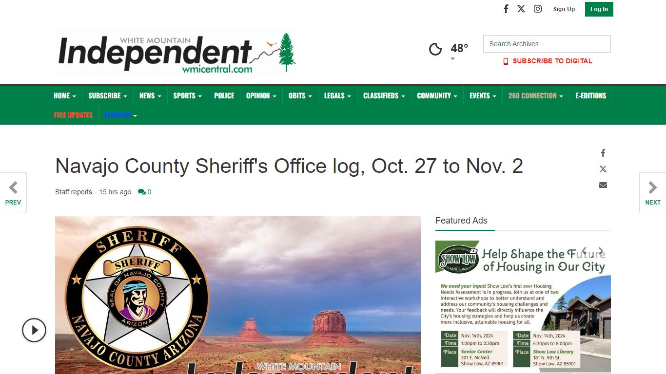 Navajo County Sheriff's Office log, Oct. 27 to Nov. 2